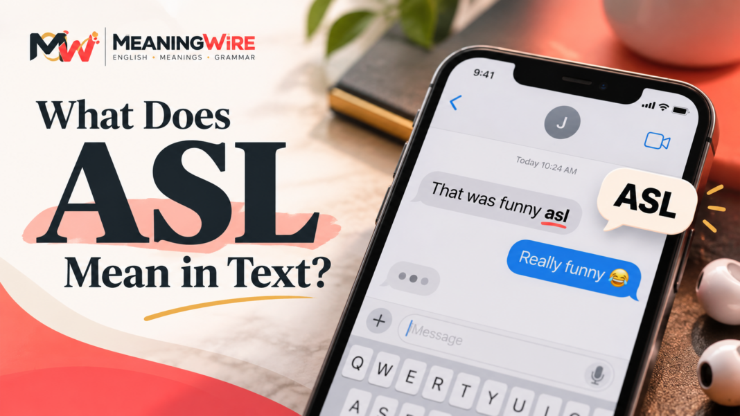ASL meaning in text featured illustration showing a casual smartphone conversation and MeaningWire headline