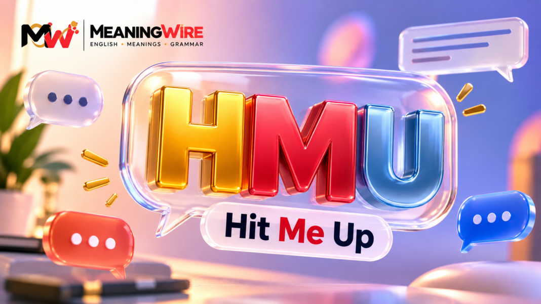 Colorful HMU typography in conversation bubbles with Hit Me Up meaning and MeaningWire branding