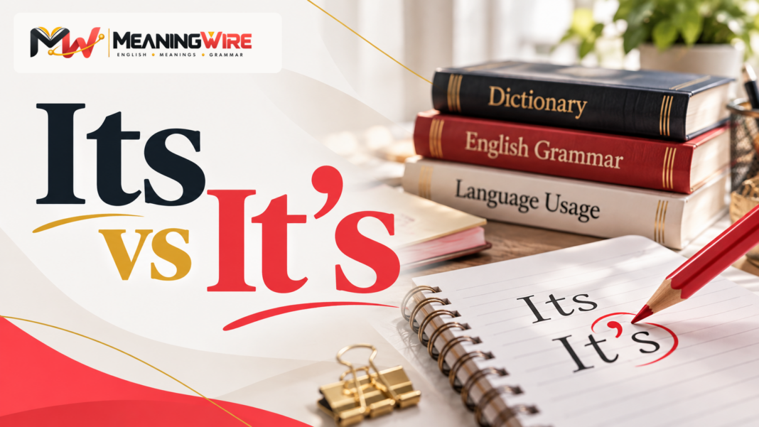 Its versus It's comparison with MeaningWire logo and grammar reference books