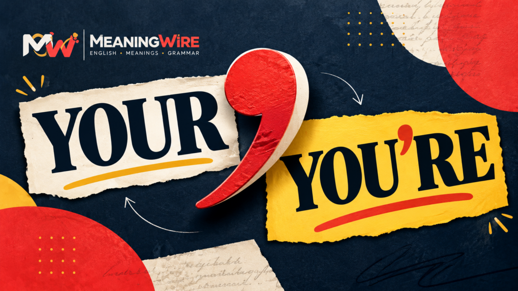 MeaningWire editorial collage contrasting YOUR and YOU'RE with a red apostrophe against navy and yellow paper